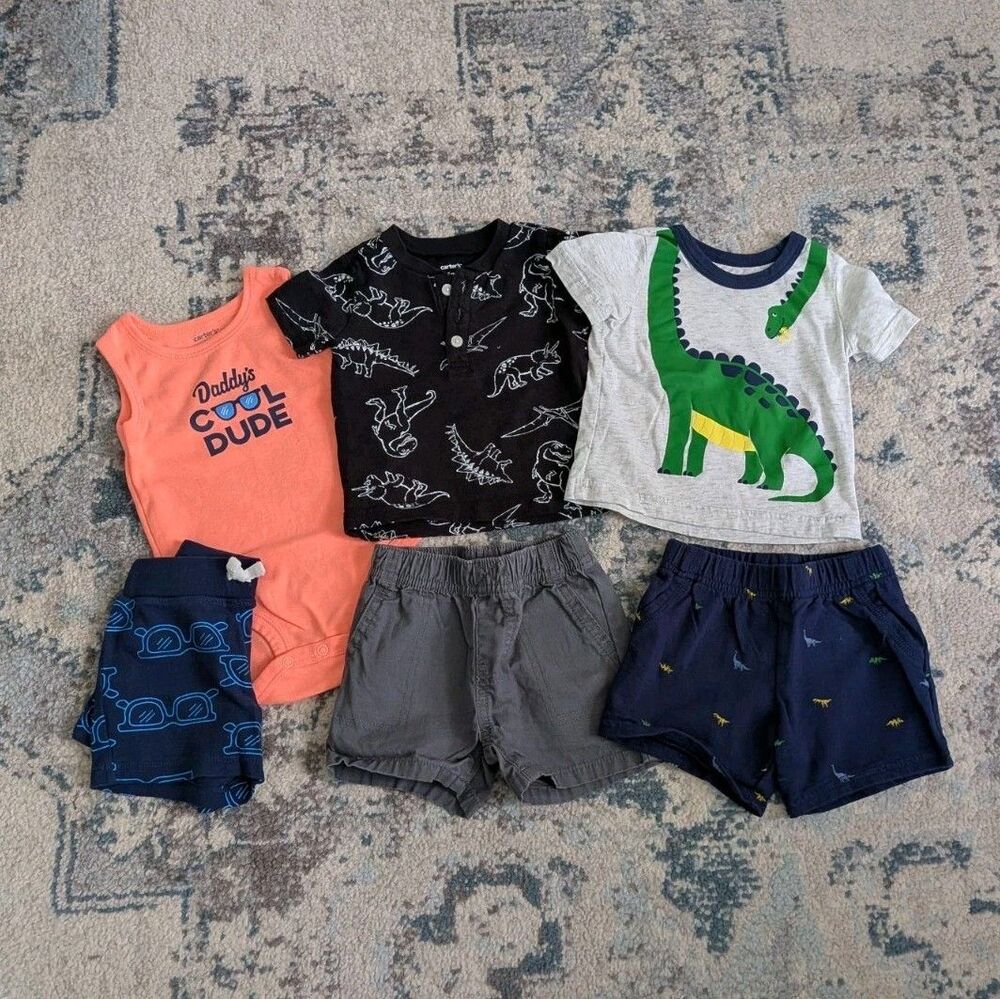 Carter's Lot of 3 Outfits Boy's Size 6 Months 6M Shirt And Shorts Sets Dinosaur